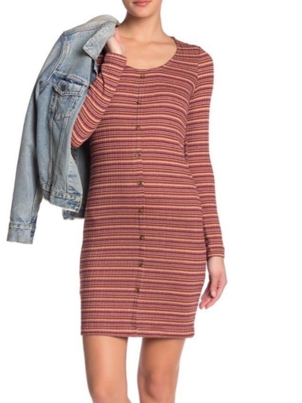 Brown Striped Long Sleeve Henley Lightweight Knit Mini Dress - NWT